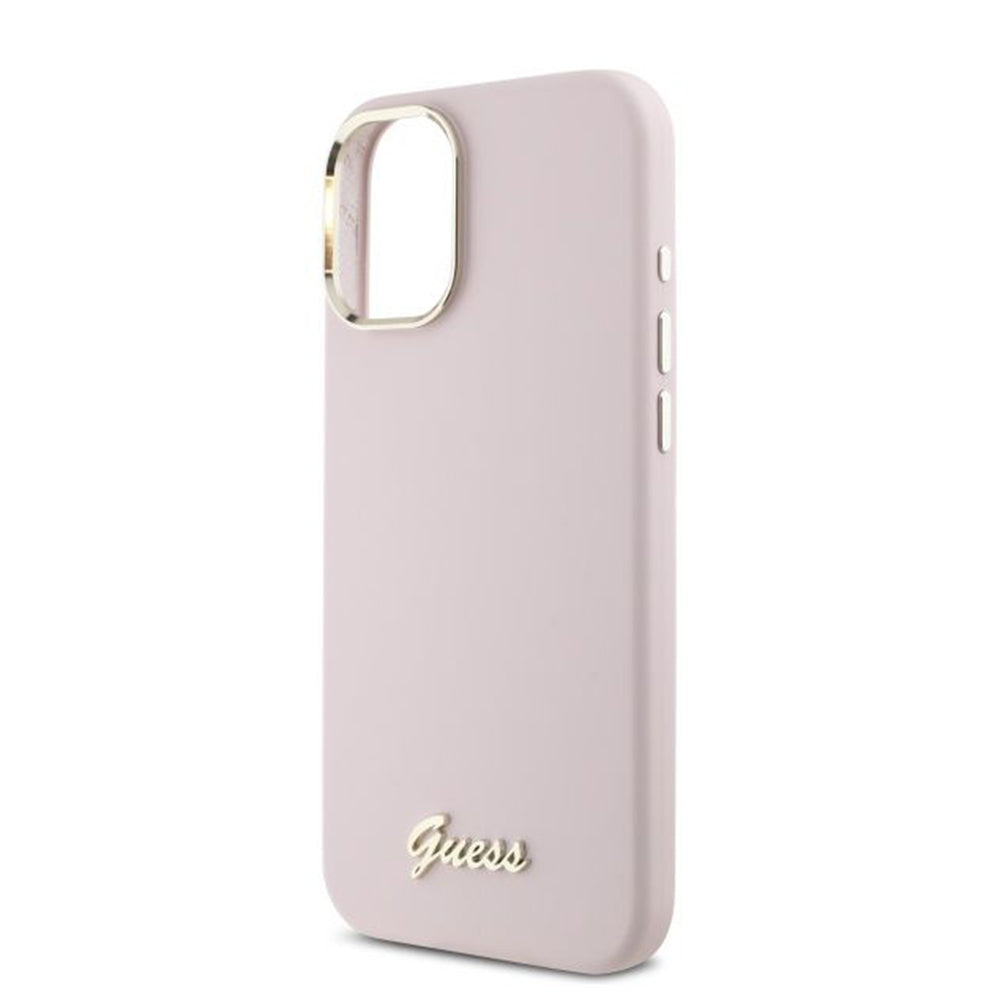 Case for Apple iPhone 16, Guess, Script Metal Logo & Frame, Pink