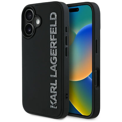 Калъф за Apple iPhone 16, Karl Lagerfeld, 3D Rubber Elongated Glitter Logo, Черен
