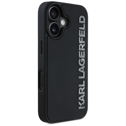 Калъф за Apple iPhone 16, Karl Lagerfeld, 3D Rubber Elongated Glitter Logo, Черен