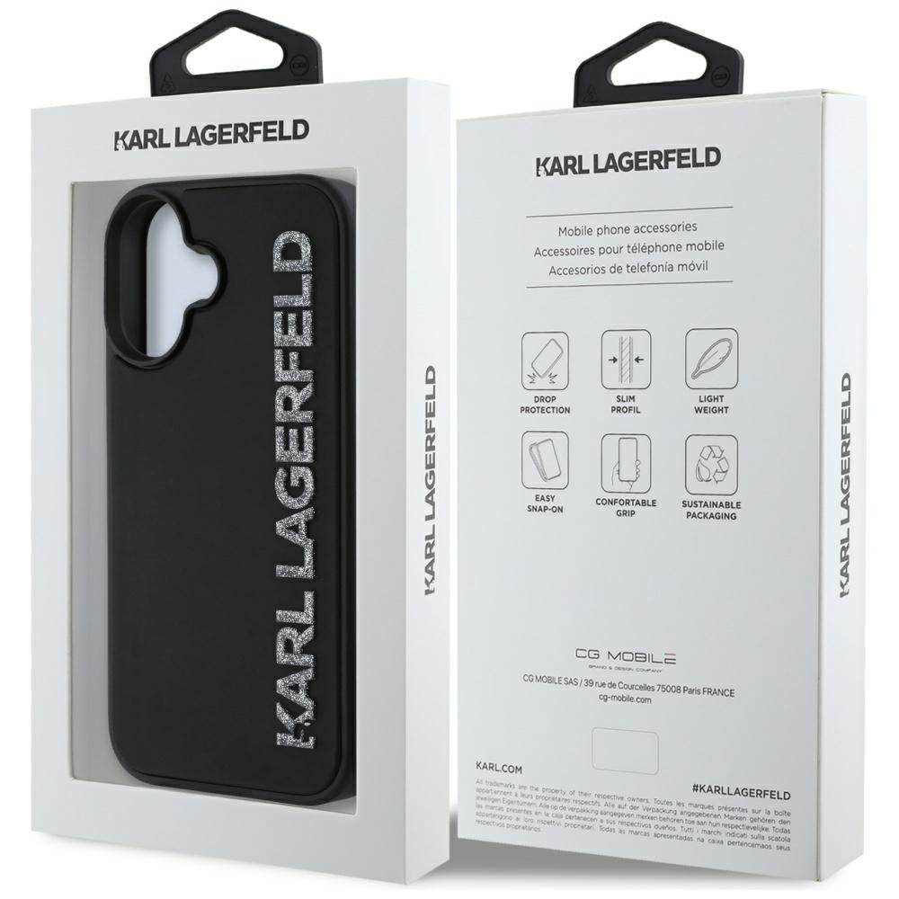 Калъф за Apple iPhone 16, Karl Lagerfeld, 3D Rubber Elongated Glitter Logo, Черен