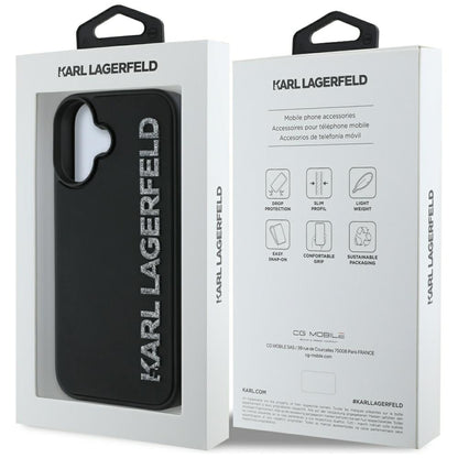 Калъф за Apple iPhone 16, Karl Lagerfeld, 3D Rubber Elongated Glitter Logo, Черен