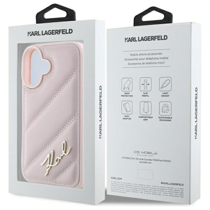 Калъф за Apple iPhone 16, Karl Lagerfeld, Diagonal Quilted Script, Розов