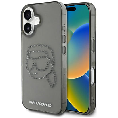Калъф за Apple iPhone 16, Karl Lagerfeld, IML Rhinestones Karl's Head, Черен