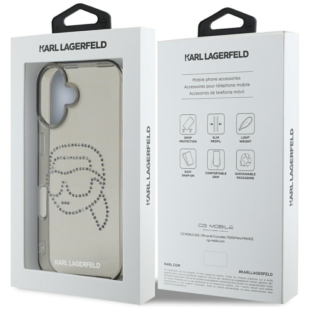 Калъф за Apple iPhone 16, Karl Lagerfeld, IML Rhinestones Karl's Head, Черен