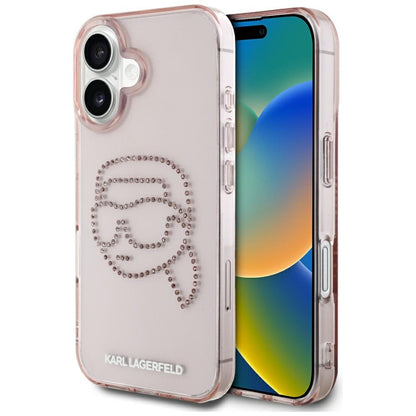 Калъф за Apple iPhone 16, Karl Lagerfeld, IML Rhinestones Karl's Head, Розов