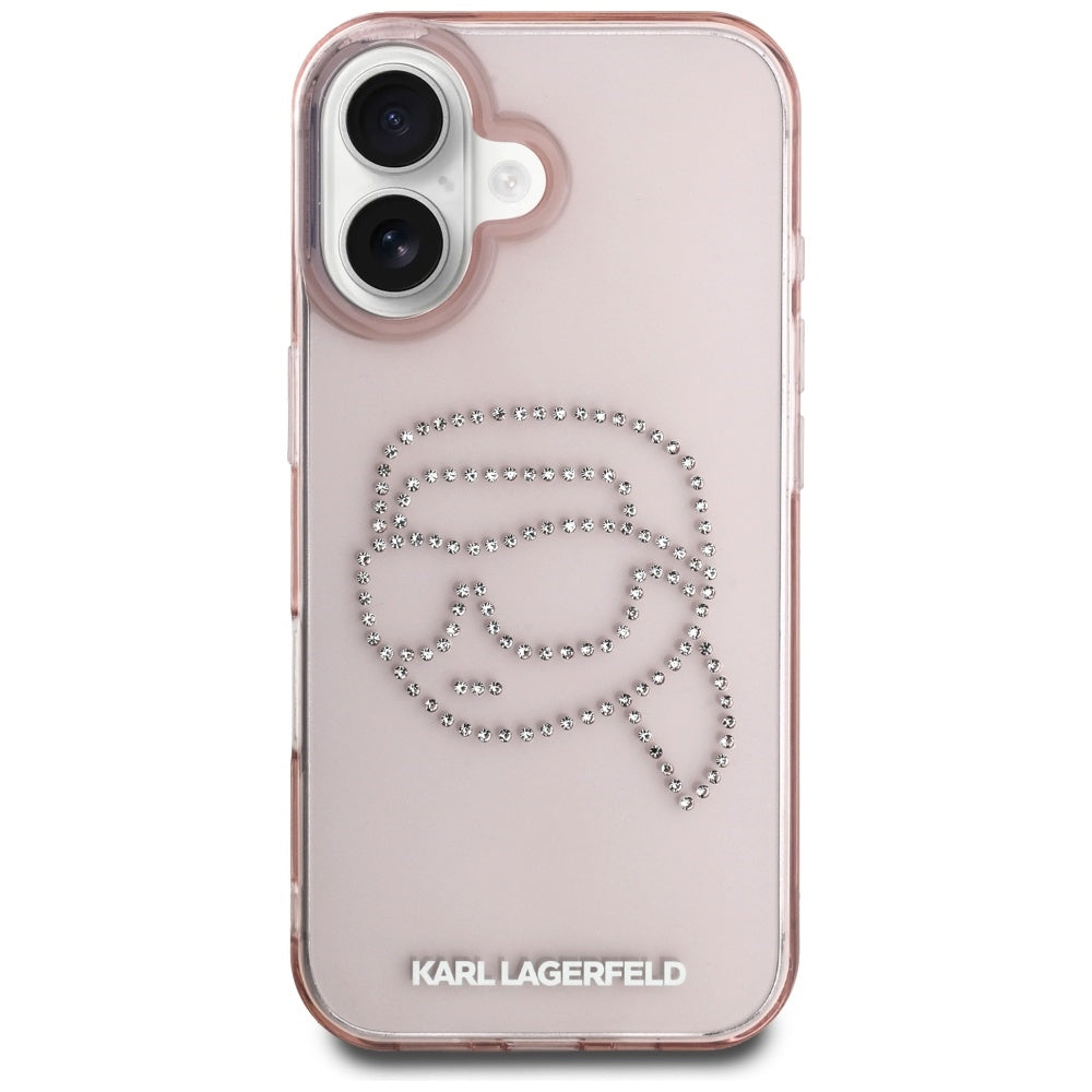 Калъф за Apple iPhone 16, Karl Lagerfeld, IML Rhinestones Karl's Head, Розов
