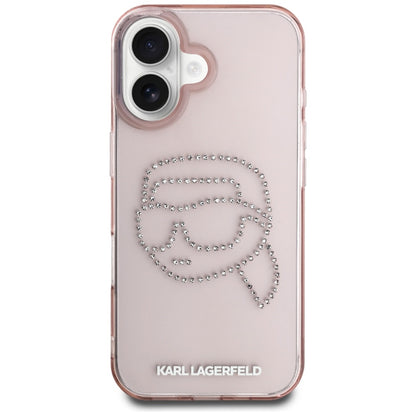 Калъф за Apple iPhone 16, Karl Lagerfeld, IML Rhinestones Karl's Head, Розов