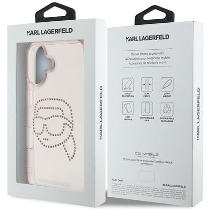 Калъф за Apple iPhone 16, Karl Lagerfeld, IML Rhinestones Karl's Head, Розов