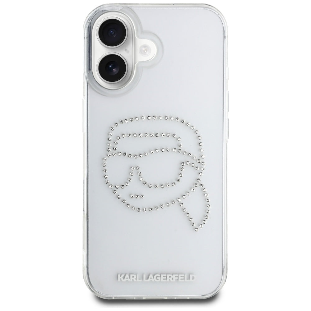 Калъф за Apple iPhone 16, Karl Lagerfeld, IML Rhinestones Karl's Head, Прозрачен