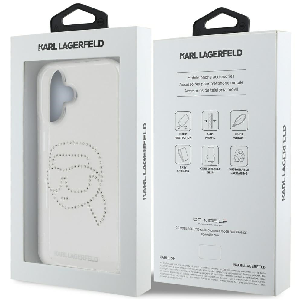 Калъф за Apple iPhone 16, Karl Lagerfeld, IML Rhinestones Karl's Head, Прозрачен