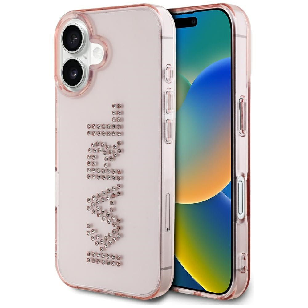 Калъф за Apple iPhone 16, Karl Lagerfeld, IML Rhinestones Pink Logo, Розов