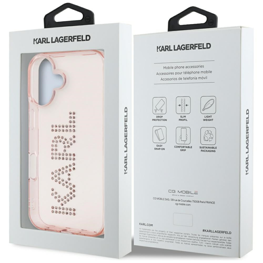 Калъф за Apple iPhone 16, Karl Lagerfeld, IML Rhinestones Pink Logo, Розов