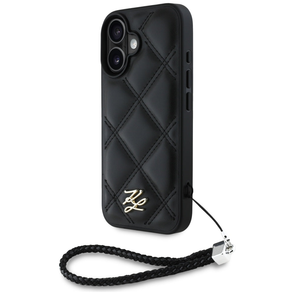Калъф за Apple iPhone 16, Karl Lagerfeld, Quilted Initial Logo & Chain Strap, Черен
