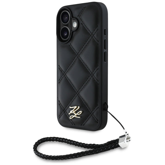 Калъф за Apple iPhone 16, Karl Lagerfeld, Quilted Initial Logo & Chain Strap, Черен