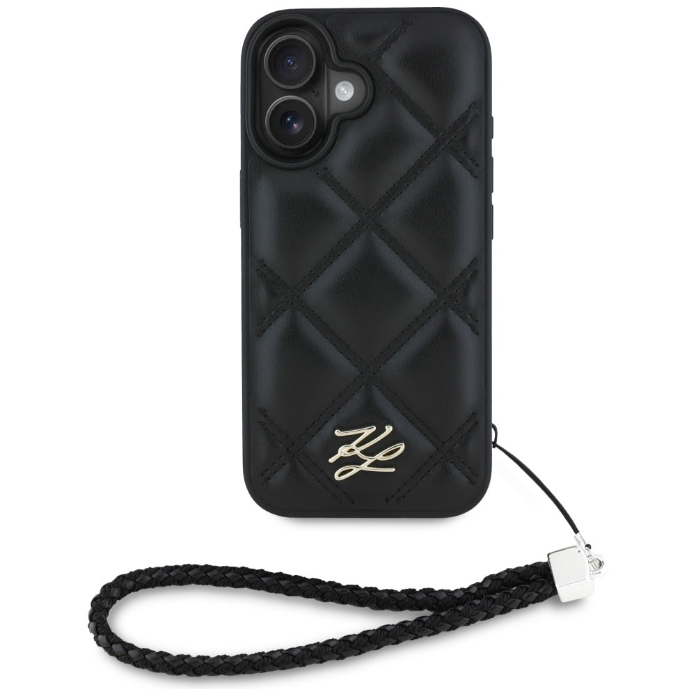 Калъф за Apple iPhone 16, Karl Lagerfeld, Quilted Initial Logo & Chain Strap, Черен