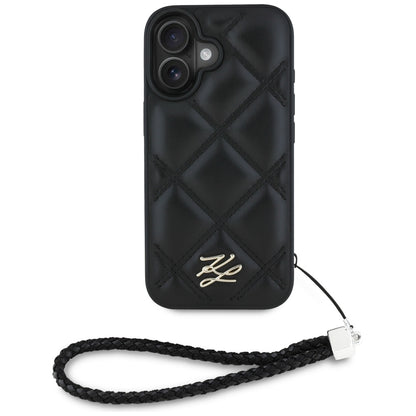 Калъф за Apple iPhone 16, Karl Lagerfeld, Quilted Initial Logo & Chain Strap, Черен