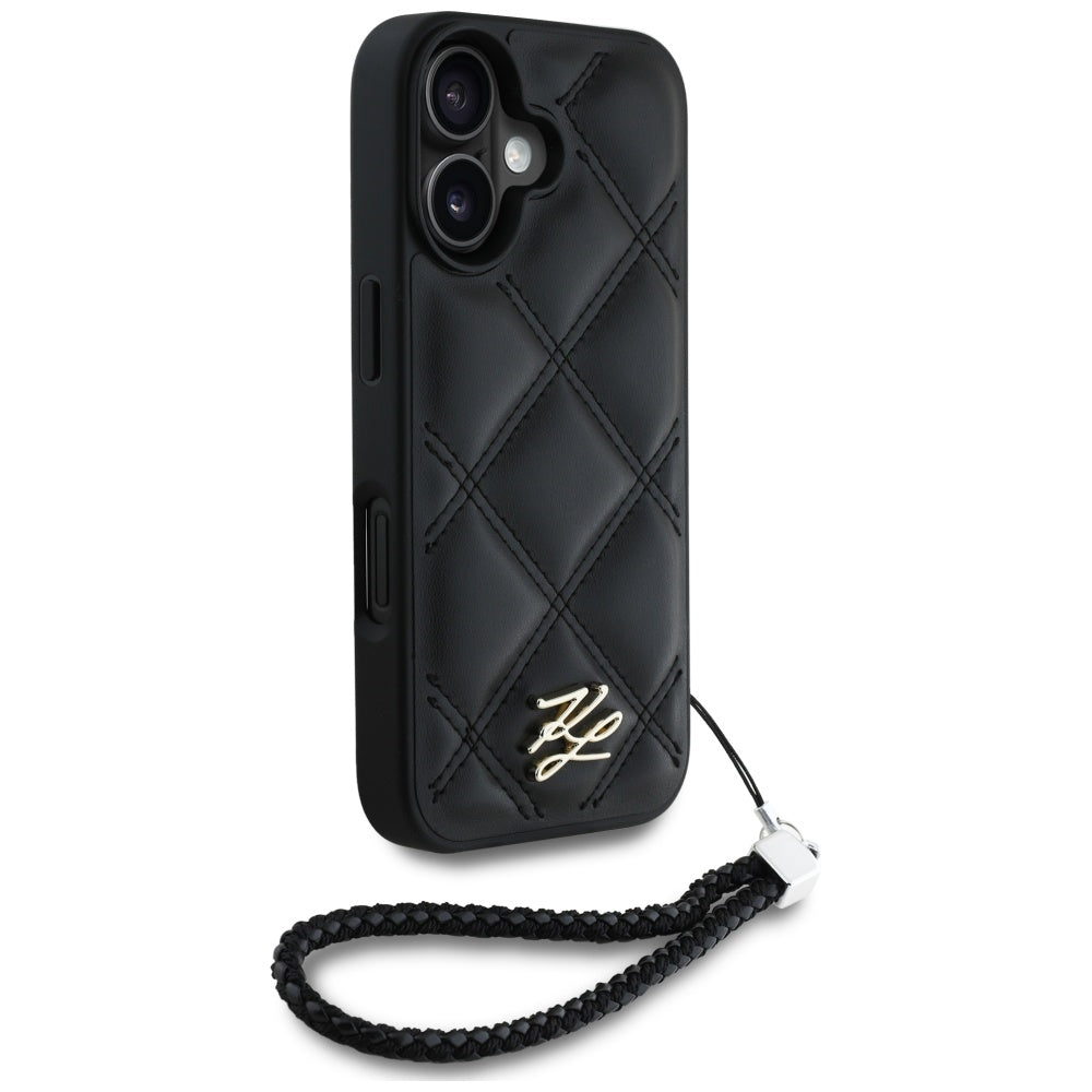 Калъф за Apple iPhone 16, Karl Lagerfeld, Quilted Initial Logo & Chain Strap, Черен