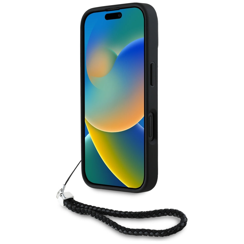 Калъф за Apple iPhone 16, Karl Lagerfeld, Quilted Initial Logo & Chain Strap, Черен