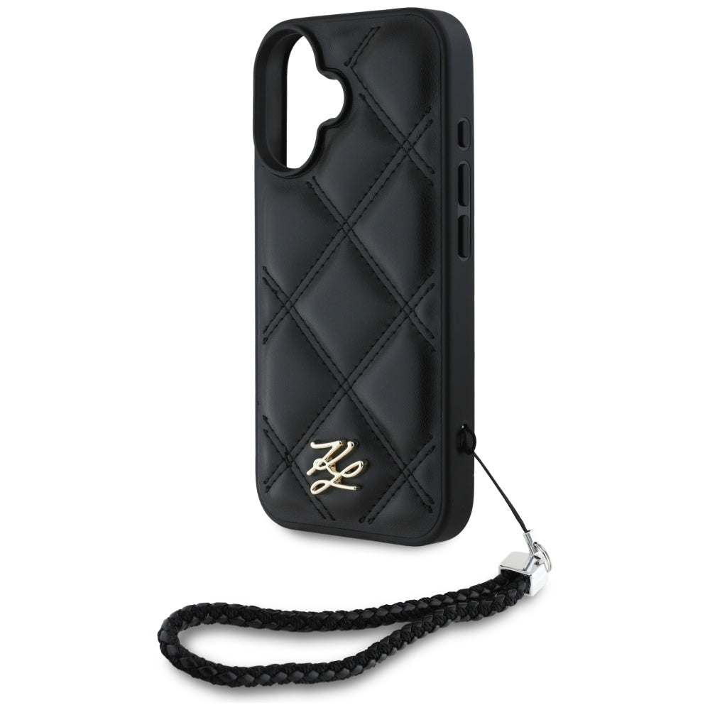 Калъф за Apple iPhone 16, Karl Lagerfeld, Quilted Initial Logo & Chain Strap, Черен