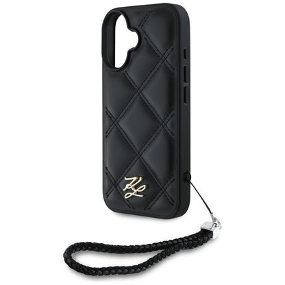 Калъф за Apple iPhone 16, Karl Lagerfeld, Quilted Initial Logo & Chain Strap, Черен