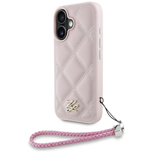 Калъф за Apple iPhone 16, Karl Lagerfeld, Quilted Initial Logo & Chain Strap, Розов