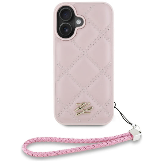 Калъф за Apple iPhone 16, Karl Lagerfeld, Quilted Initial Logo & Chain Strap, Розов