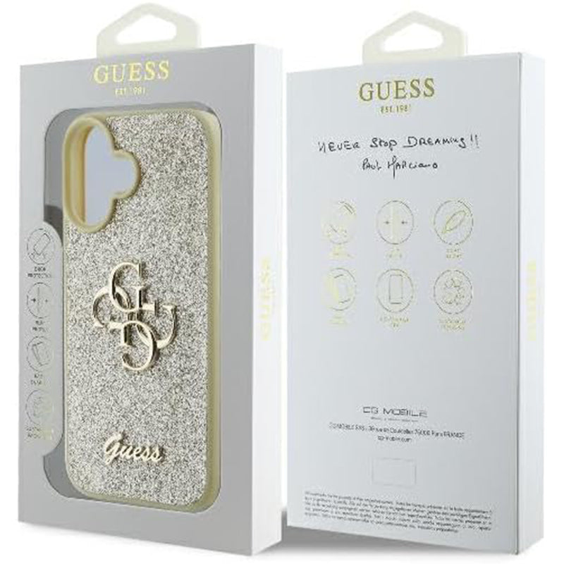 Калъф за Apple iPhone 16 Plus, Guess, Fixed Glitter Big 4G, Златист