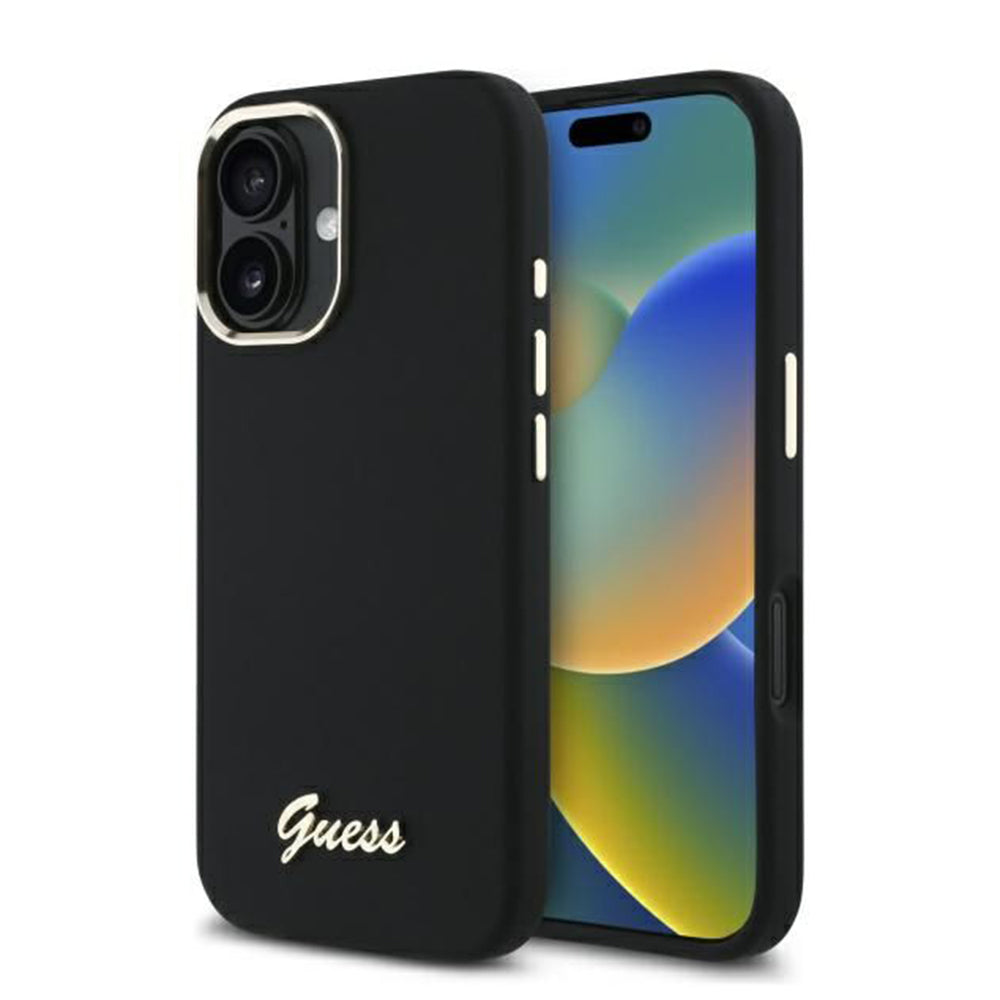 Калъф за Apple iPhone 16 Plus, Guess, Script Metal Logo & Frame, Черен