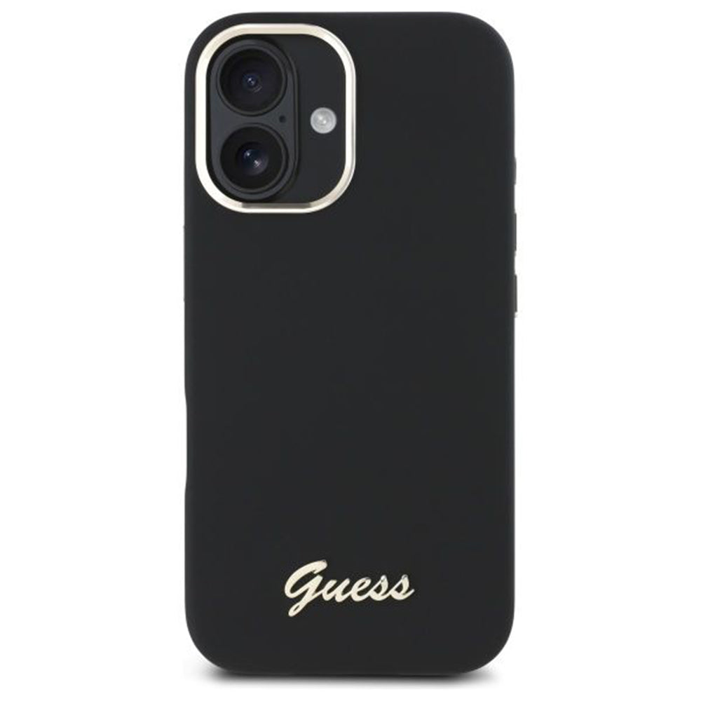 Калъф за Apple iPhone 16 Plus, Guess, Script Metal Logo & Frame, Черен