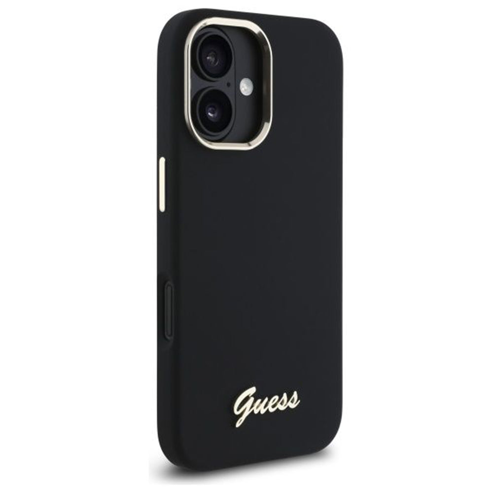 Калъф за Apple iPhone 16 Plus, Guess, Script Metal Logo & Frame, Черен