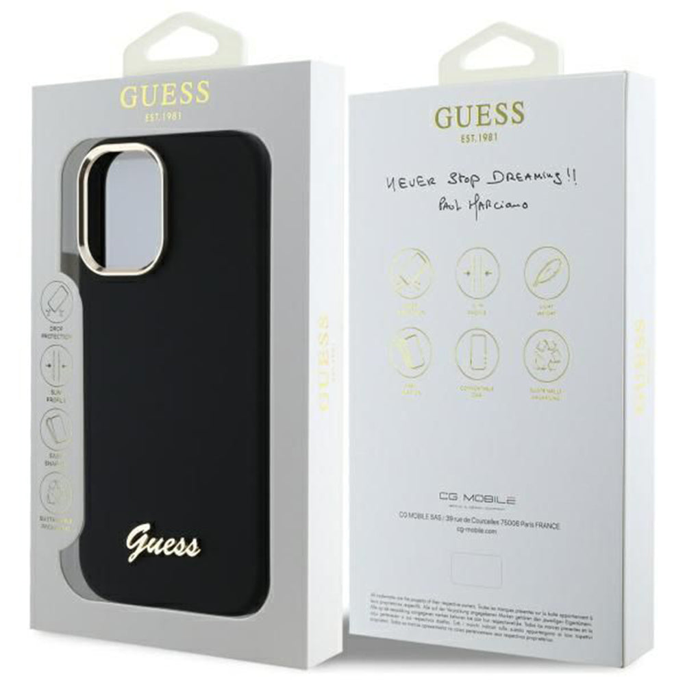 Калъф за Apple iPhone 16 Plus, Guess, Script Metal Logo & Frame, Черен
