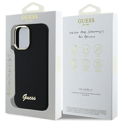 Калъф за Apple iPhone 16 Plus, Guess, Script Metal Logo & Frame, Черен