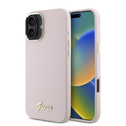 Калъф за Apple iPhone 16 Plus, Guess, Script Metal Logo & Frame, Розов