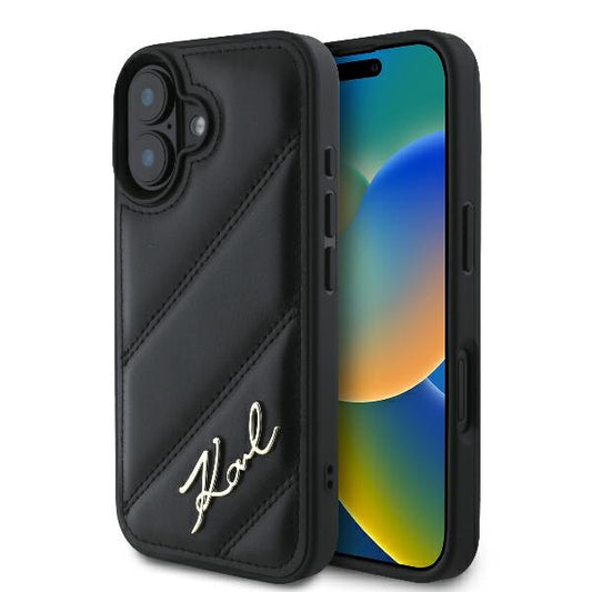 Калъф за Apple iPhone 16 Plus, Karl Lagerfeld, Diagonal Quilted Script, Черен