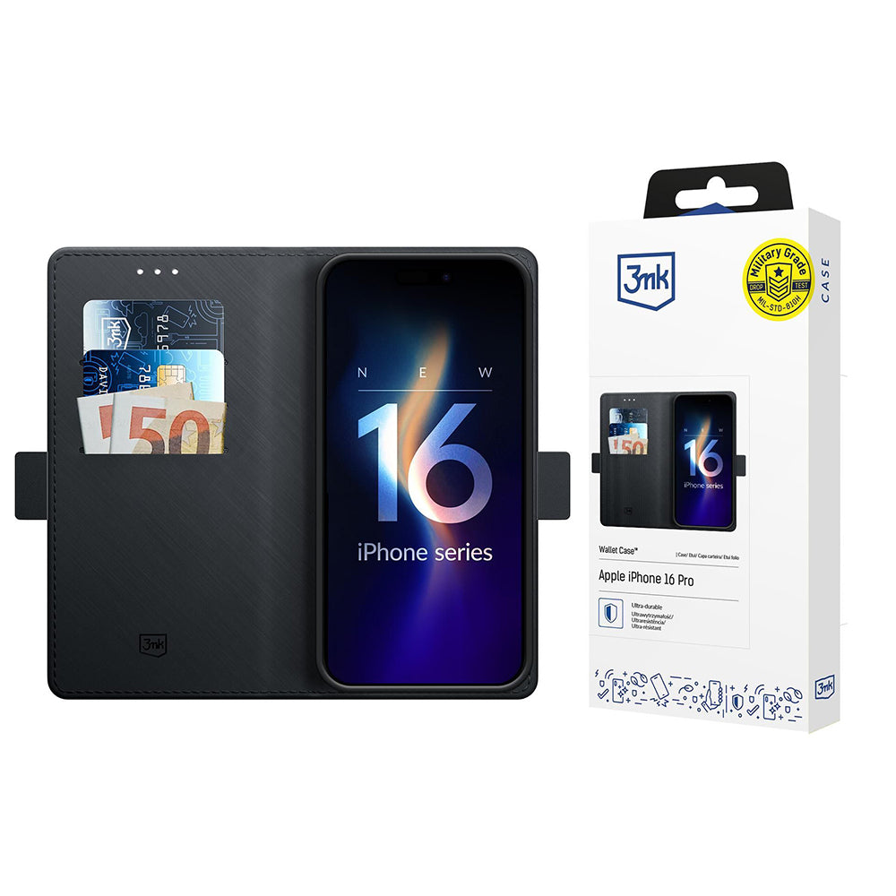 Калъф за Apple iPhone 16 Pro, 3MK, Wallet, Черен
