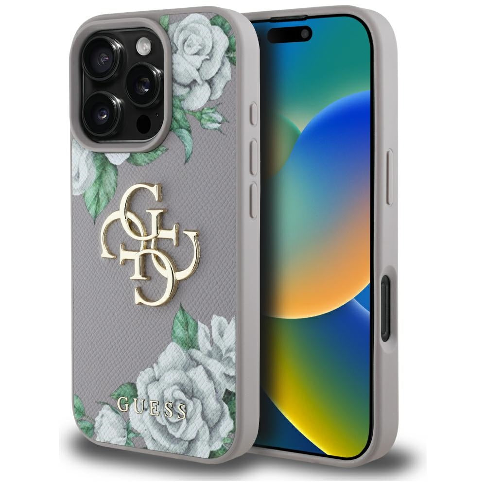 Калъф за Apple iPhone 16 Pro, Guess, 4G Grained Roses Big Logo, Лилав