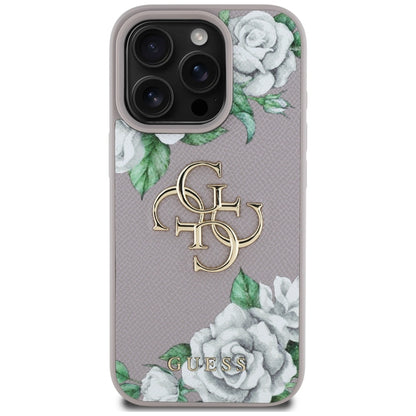 Калъф за Apple iPhone 16 Pro, Guess, 4G Grained Roses Big Logo, Лилав