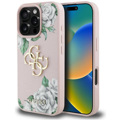 Калъф за Apple iPhone 16 Pro, Guess, 4G Grained Roses Big Logo, Розов