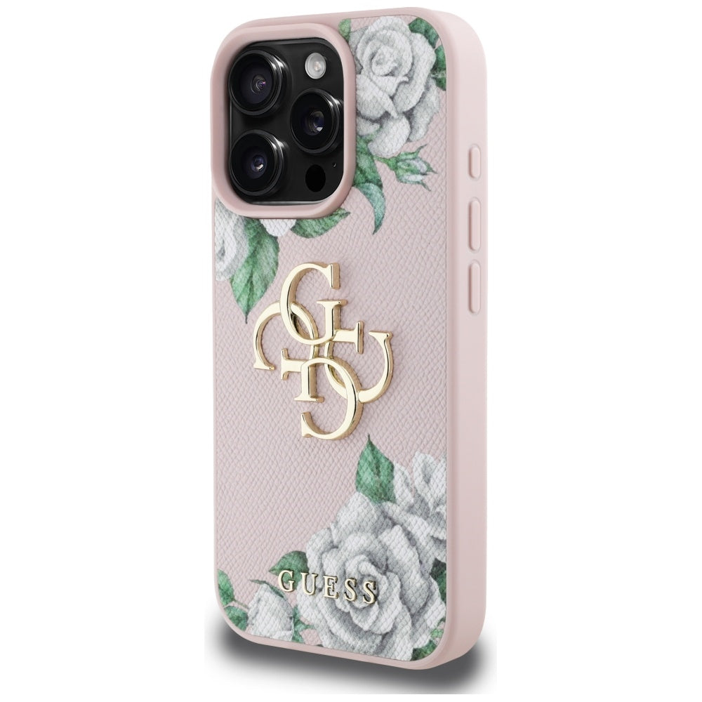 Калъф за Apple iPhone 16 Pro, Guess, 4G Grained Roses Big Logo, Розов