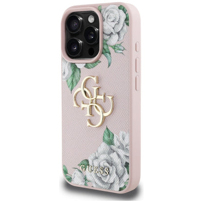 Калъф за Apple iPhone 16 Pro, Guess, 4G Grained Roses Big Logo, Розов