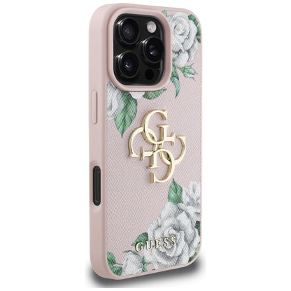 Калъф за Apple iPhone 16 Pro, Guess, 4G Grained Roses Big Logo, Розов