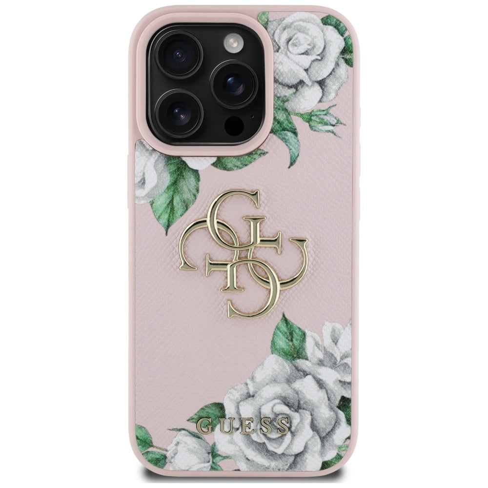 Калъф за Apple iPhone 16 Pro, Guess, 4G Grained Roses Big Logo, Розов