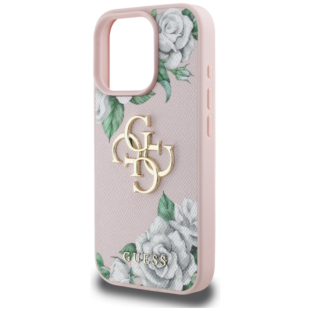 Калъф за Apple iPhone 16 Pro, Guess, 4G Grained Roses Big Logo, Розов