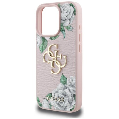 Калъф за Apple iPhone 16 Pro, Guess, 4G Grained Roses Big Logo, Розов