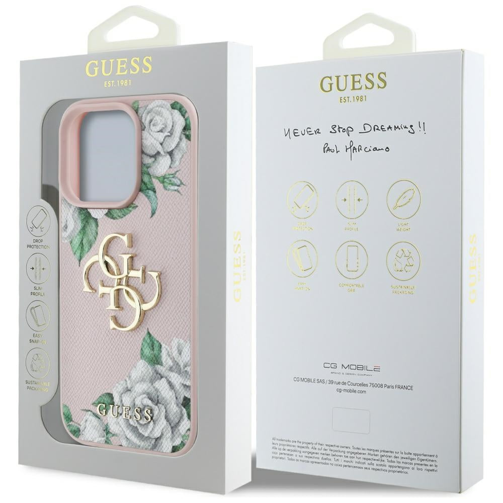 Калъф за Apple iPhone 16 Pro, Guess, 4G Grained Roses Big Logo, Розов
