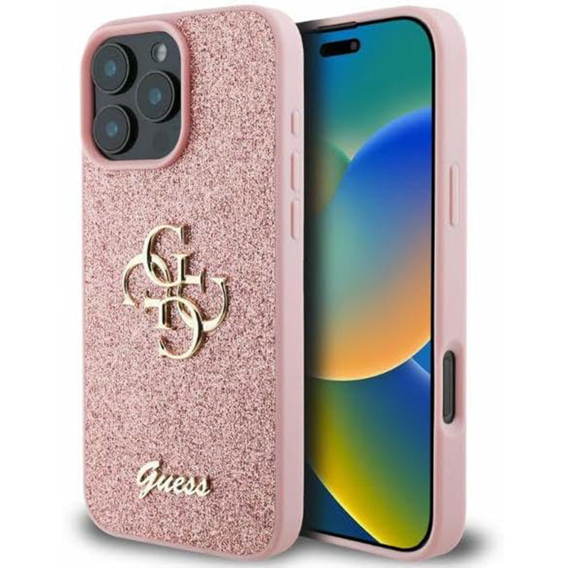 Калъф за Apple iPhone 16 Pro, Guess, Fixed Glitter Big 4G, Розов