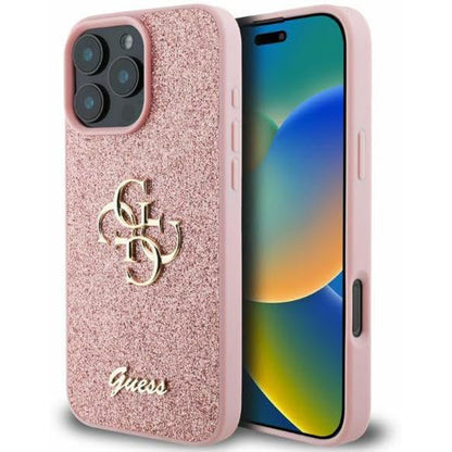 Калъф за Apple iPhone 16 Pro, Guess, Fixed Glitter Big 4G, Розов