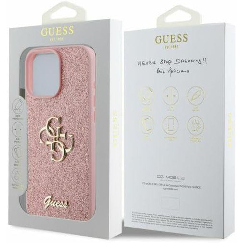 Калъф за Apple iPhone 16 Pro, Guess, Fixed Glitter Big 4G, Розов