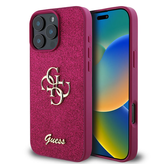 Калъф за Apple iPhone 16 Pro, Guess, Glitter Big 4G Script, Magenta