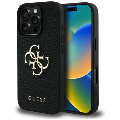 Калъф за Apple iPhone 16 Pro, Guess, Grained Big 4G Logo Small Classic Logo, Черен